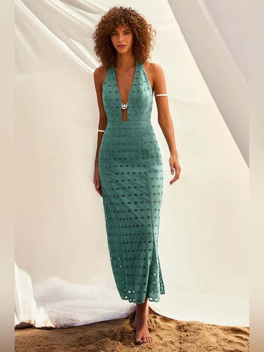 Vix Paula Hermanny Maryse Eyelet Maxi Dress Halter Open Back Cover Up Teal
